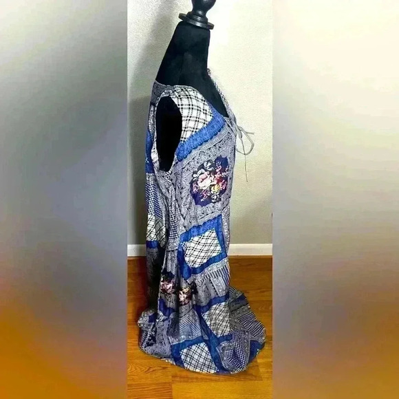 Vintage 90’s Carole Little 100% Silk Maxi Dress Blue Patchwork Floral Print 10 - Picture 2 of 6